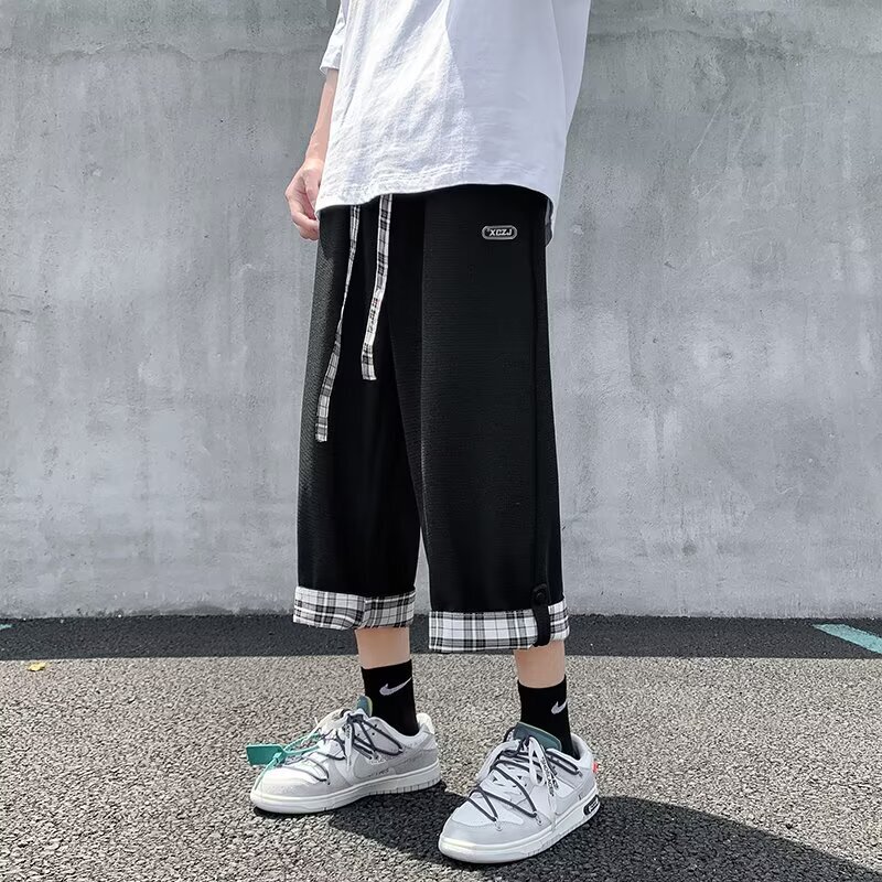 Waffle Sports Cropped Pants for Men, Summer Loose Over-The-Knee Mid-Length Shorts, Trendy Brand Large Size Casual 7-Point Pants