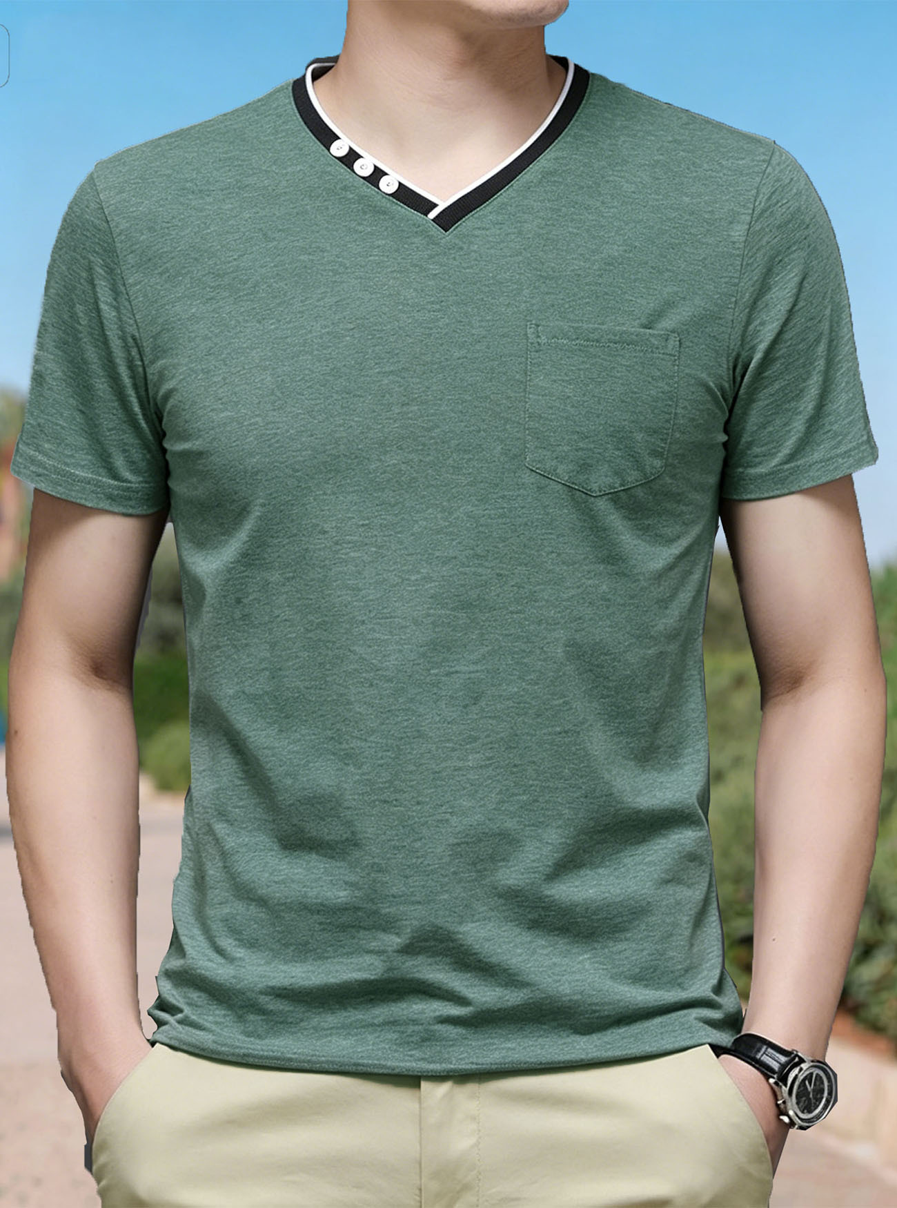 Transfronterizos eBay verano nuevo hombre color contrastante cuello V camiseta delgada grande americano con bolsillo casual deportivo mangas cortas