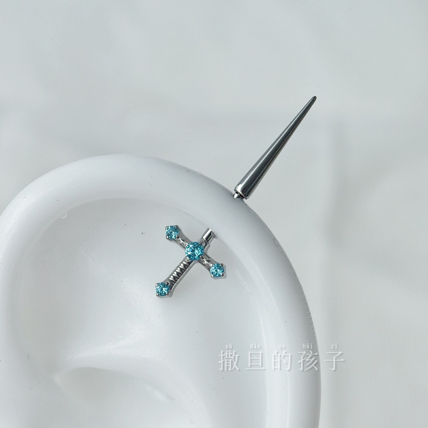 F136 Titanium Alloy Holy Sword Ear Studs with Diamond-Encrusted Devil Motif, Internally Threaded Cartilage Studs, Sweet and Cool Style detail image 12