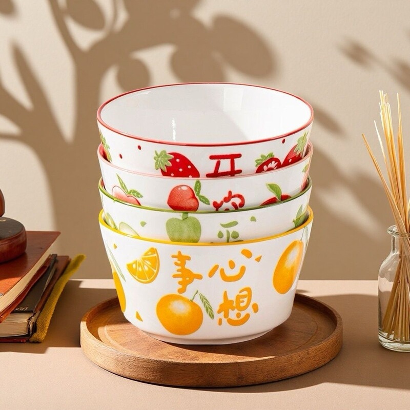 Ceramic Dining Bowl for Home Use, Trendy 5inch Bowl Set, Cute Fruit Salad Bowl, Rice Bowl with Underglaze Color Ceramic Dining Bowl for Home Use, Trendy 5inch Bowl Set, Cute Fruit Salad Bowl, Rice Bowl with Underglaze Color