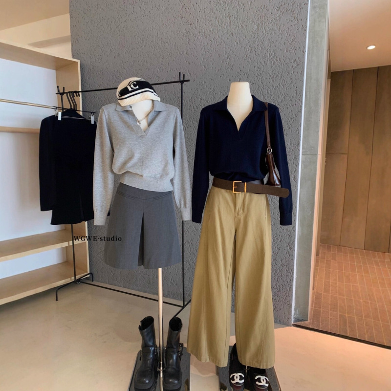 WGWE7074韩系复古老钱风翻领Polo衫毛衣女秋冬内搭休闲上衣针织衫|undefined