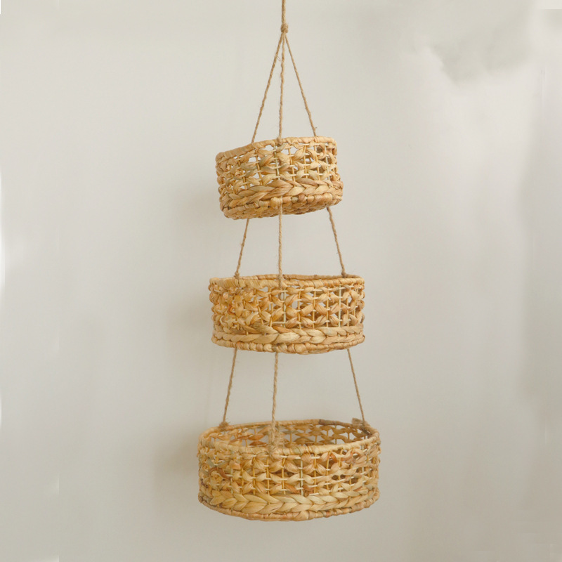 Amazon nuevo hotel restaurante hogar Decoración almacenamiento cesta de tres capas de ratán cesta de almacenamiento de paja