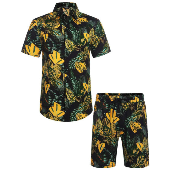 Foreign Trade Cross-border Independent Station Hawaii Men's Shirt suit Summer Beach Holiday Shirt Shorts Two-piece Custom