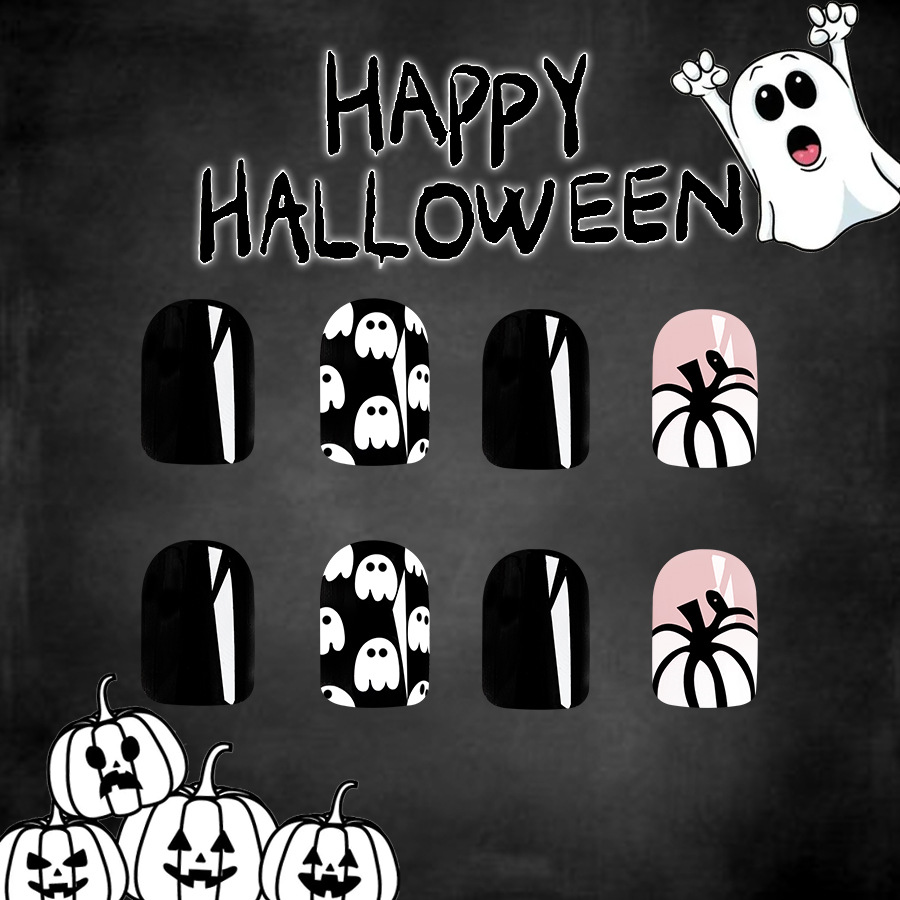 Corto luminoso viso quadrato armatura Halloween teschio zucca nero brillante usura nail art patch 2024 nuovo commercio estero 24 pezzi_voghion.com
