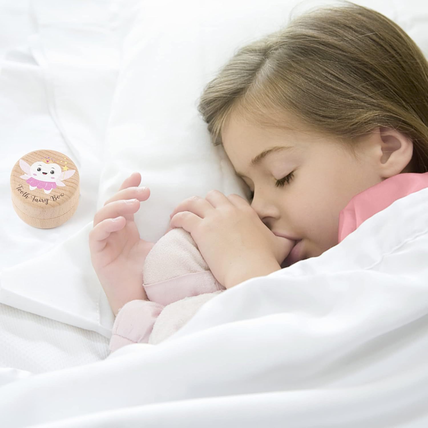 Caja de dientes de leche de almacenamiento de impresión uv, caja de hadas de dientes redondos, caja de madera de pelo de lanugo para bebés, caja de colección