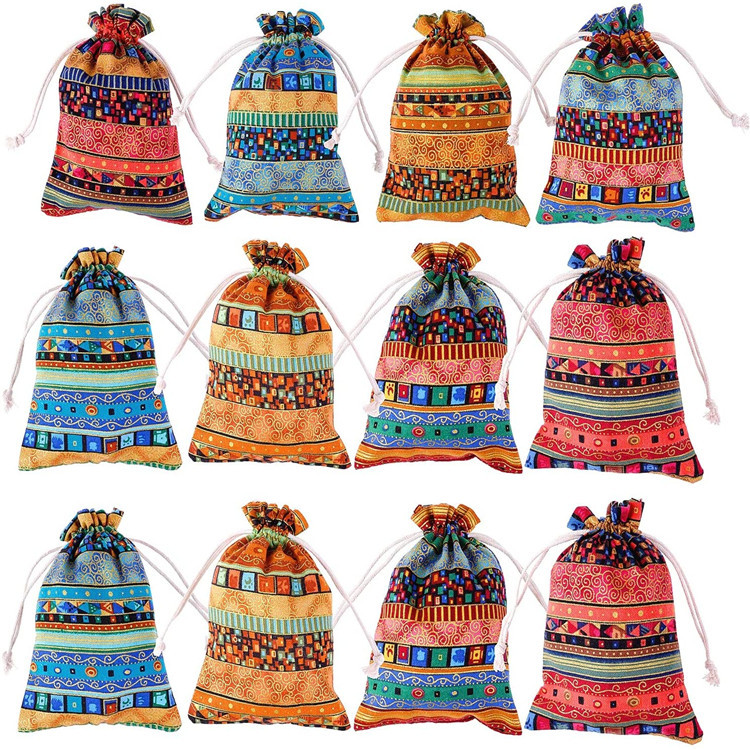 现货亚马逊印花棉麻抽绳袋 空香囊束口袋 首饰礼品袋 印花棉布袋