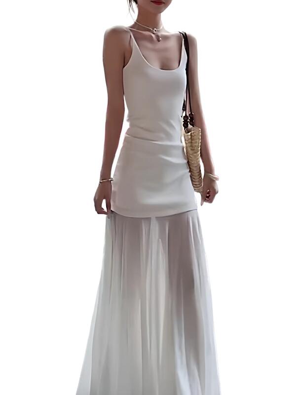 Long Version of the Seaside Vacation Suspender Dress for Tall Women, Summer Mesh Patchwork Slim-Fitting and Slimming Long Dress Long Version of the Seaside Vacation Suspender Dress for Tall Women, Summer Mesh Patchwork Slim-Fitting and Slimming Long Dress
