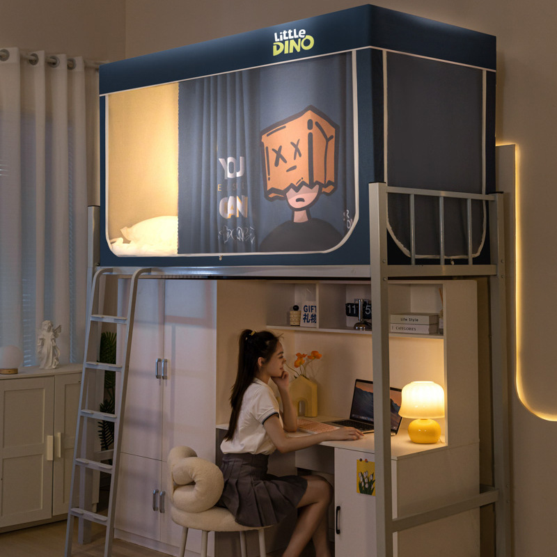 Cortina de cama gruesa de protección de luz fuerte para dormitorio de estudiantes con mosquiteros superiores e inferiores