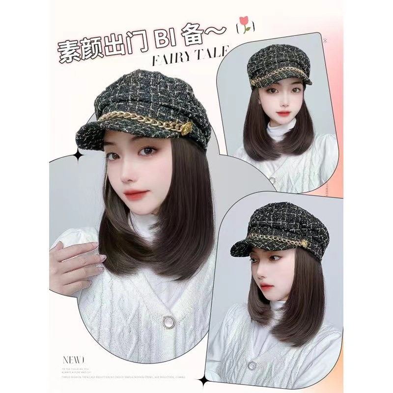 Sombrero peluca integrada de moda para mujer otoño e invierno nuevo estilo Chanel tapa octogonal Pelo Corto pelo de clavícula cabeza completa peluca tapa