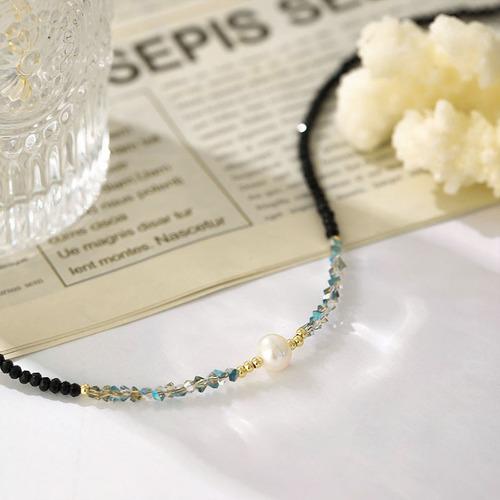 The same black spinel pearl necklace Korean-style fashionable bead choker with temperament, influencer design sense necklace chain