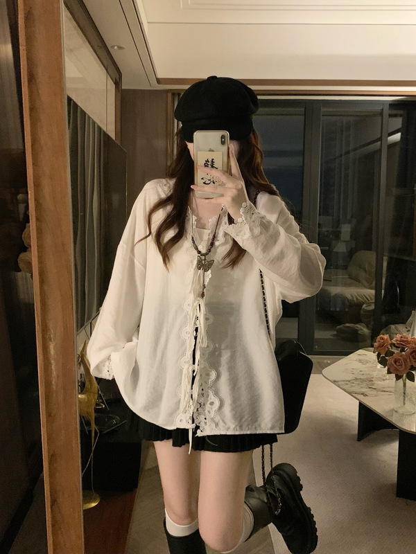 大码设计感白色蕾丝长袖衬衫女装胖MM慵懒风衬衣甜美宽松上衣|undefined