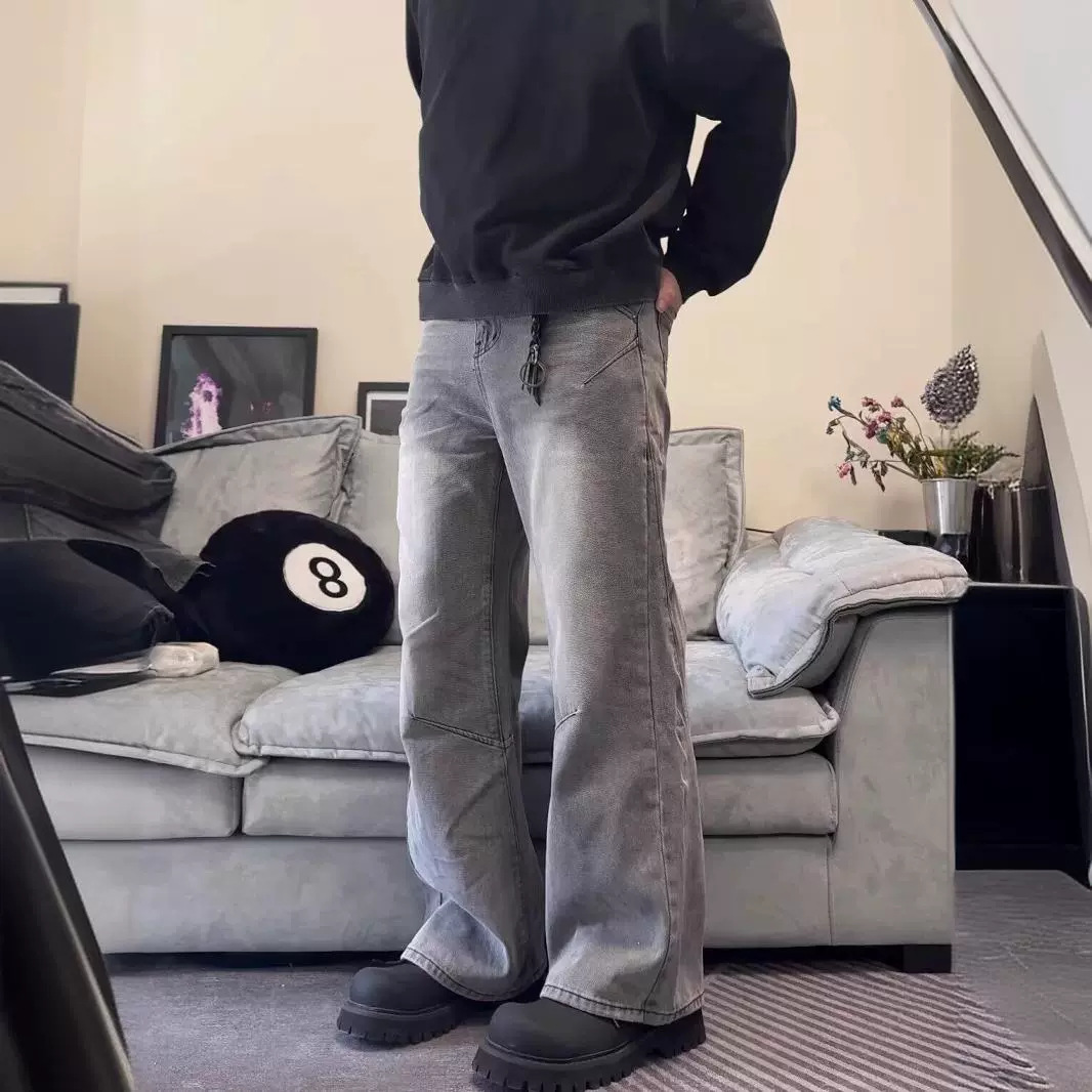 Pantalon en denim droit à jambe large pour homme, style décontracté, polyvalent, ample, délavé et usé_voghion.com