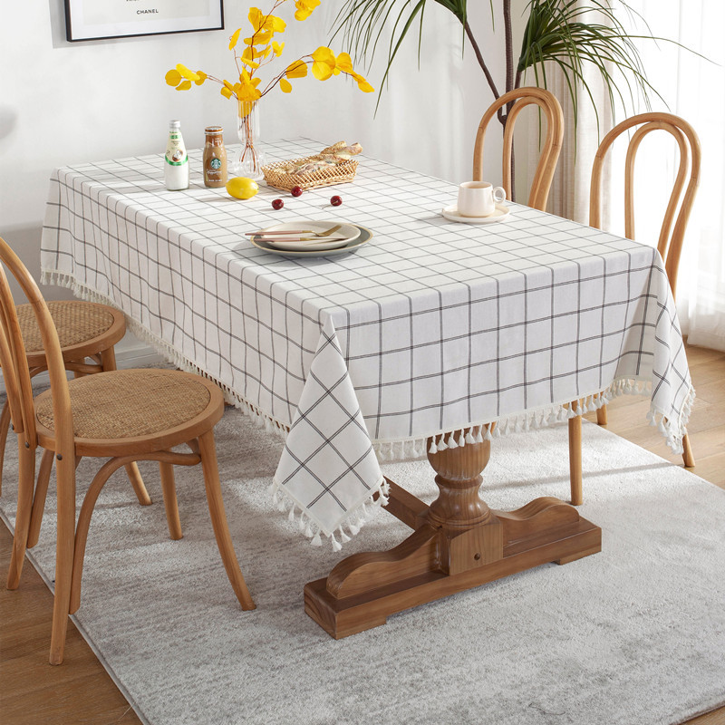Cafe Double-line Plaid Cotton-polyester-linen Tassel Geometric Rectangular Dining And Coffee Table Tablecloth, Available_voghion.com