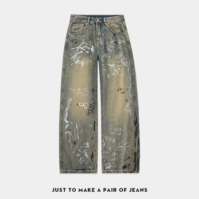 Graffiti Hand-painted Washed Jeans Men's Summer Trendy Brand High Street Loose Wide-leg Straight Casual All-match Trousers
