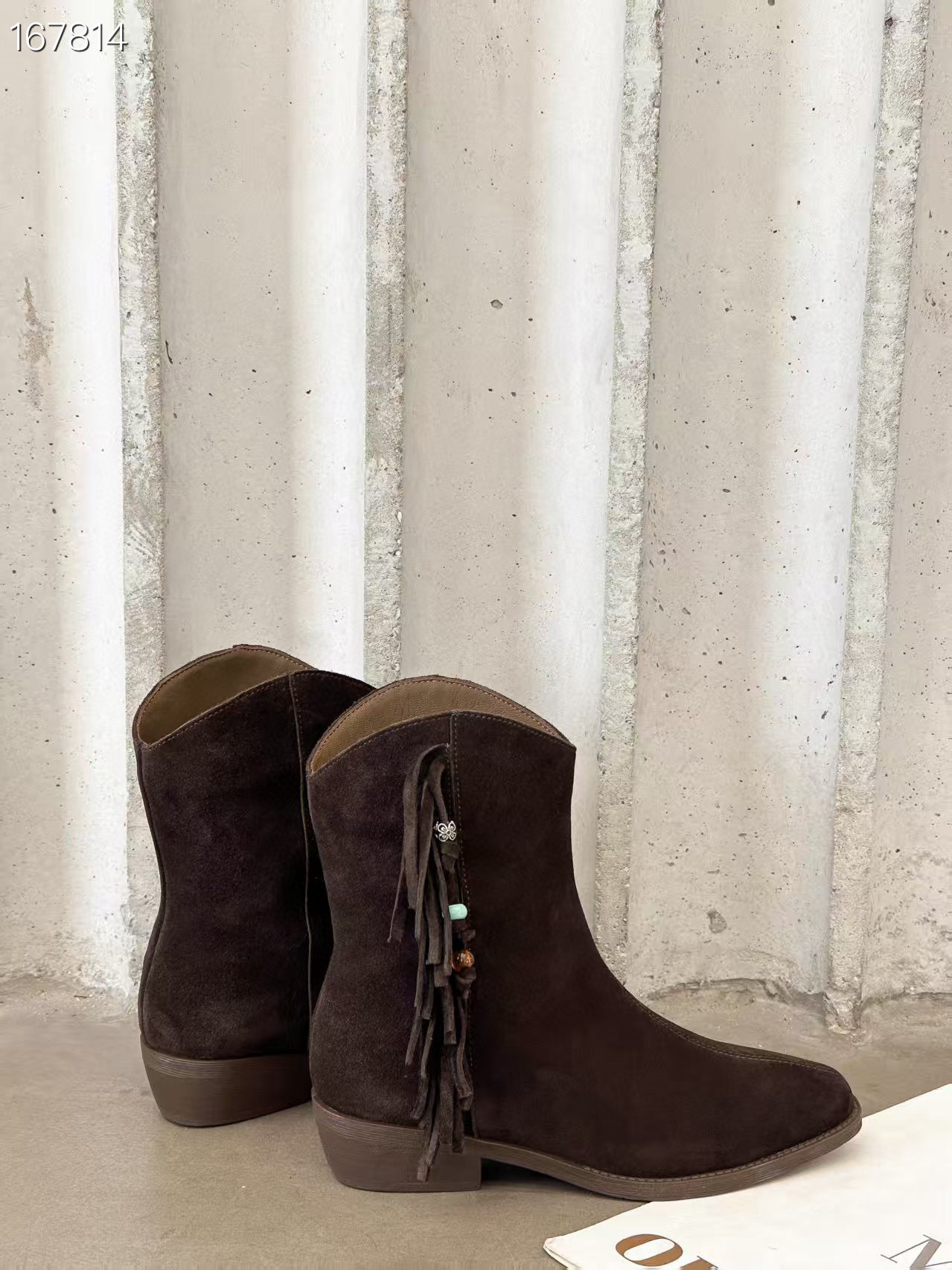 Boot nữ cổ thấp mũi vuông gót thấp da lộn phong cách Pháp — Màu nâu chi tiết 6