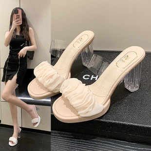 2023 Summer New Korean-style Transparent High-heeled Slippers Women's Fairy-style Outer Wear Pleated Thick-heeled Slippers for Women