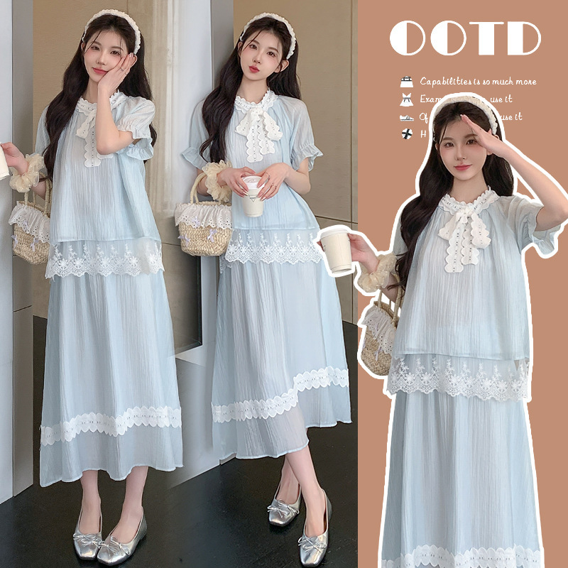 Maternity Wear Summer New Style Gentle and Sweet Blue Splicing Lace Top + Skirt Complete Matchinging Suit for Women