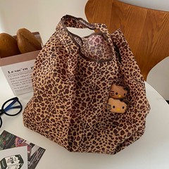かわいいヒョウ柄猫折りたたみバッグ大容量ハンドバッグ女性ニッチポータブルミニ環境に優しいショルダーバッグ