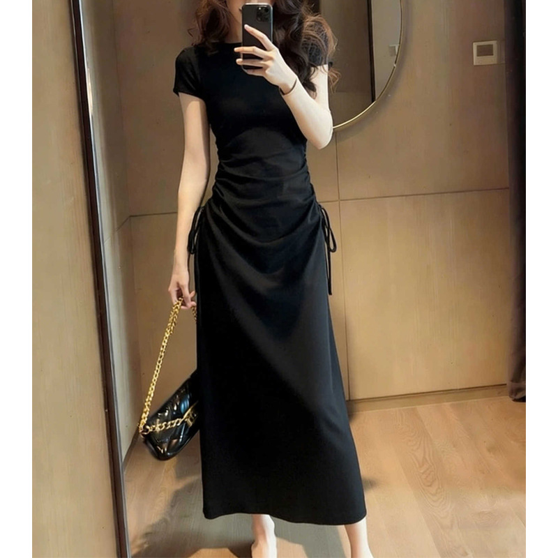 Đầm maxi trẻ em tay ngắn phong cách Pháp Vintage, thiết kế thắt lưng xếp li hông — màu đen, màu xám chi tiết 2