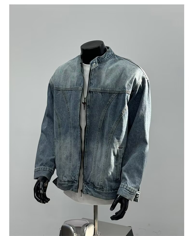 Washed Denim Jacket For Men Vintage Casual Stand Up Collar Coat_voghion.com
