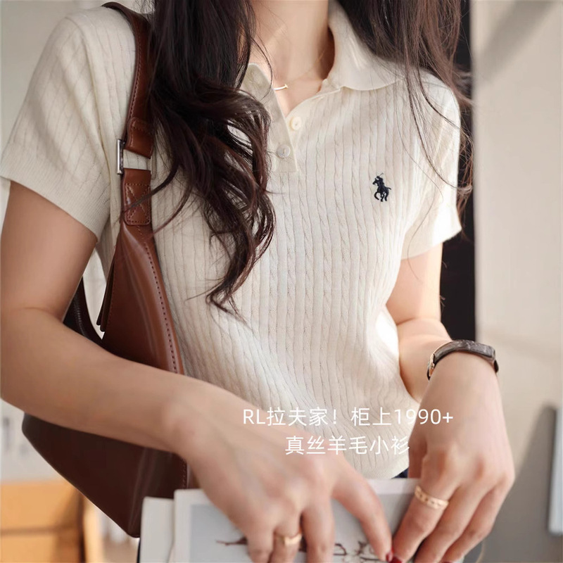 Silk Wool POLO Collar Short-sleeved Knitted T-shirt Women's Pony Label 2025 Summer New Slim Embroidered Top
