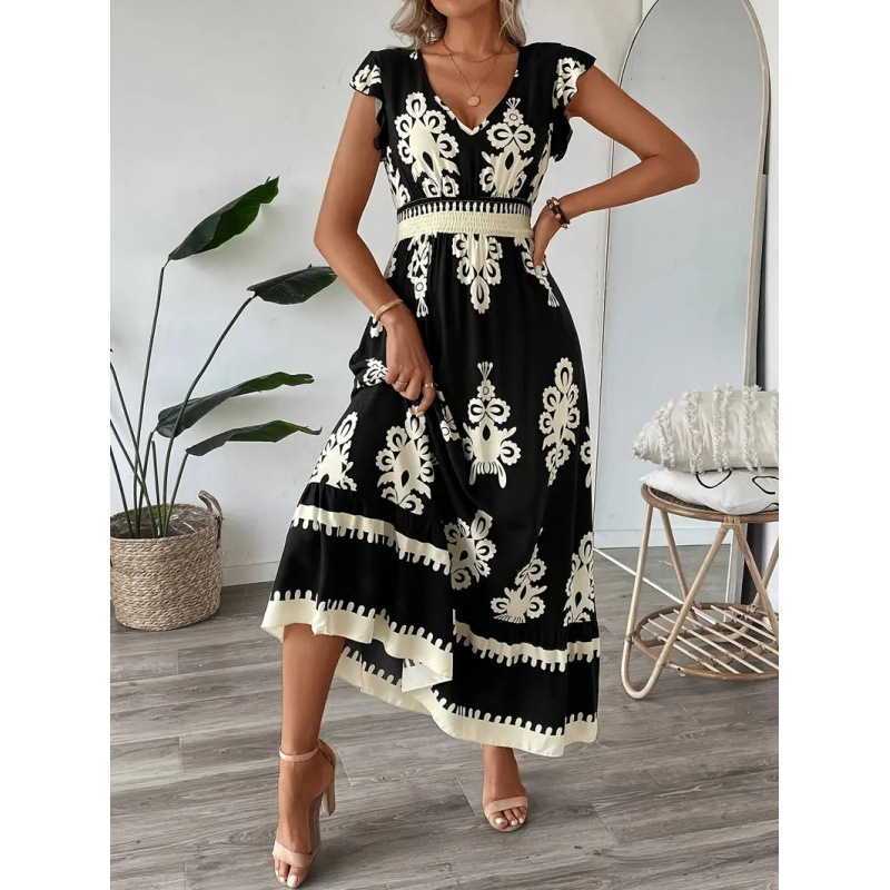 2025 Cross-Border European and American Clothing Beach Skirt Holiday Style Printed Large Hem Dress Tiktoktemu