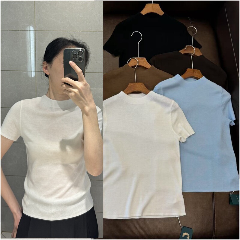 Shanghai Dan Nong Flagship Store/Chic Half-High Collar. Yangzi Yarn Four-Needle Knit, Short-Sleeved T-Shirt Made of Merino Wool.