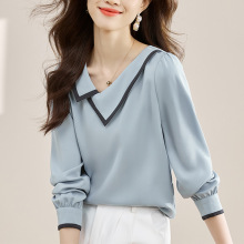 娃娃领长袖女士衬衫秋季2025年新款别致雪纺遮肚小衫百搭气质上衣