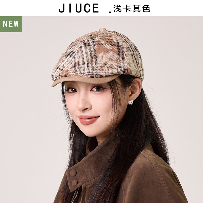 新款复古做旧晕染格纹前进帽女春秋款百搭显脸小反戴贝雷帽鸭舌帽|undefined