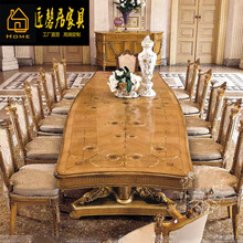 欧式宫廷餐桌桦木雕花长餐台意大利别墅餐厅12人长餐桌手绘餐桌