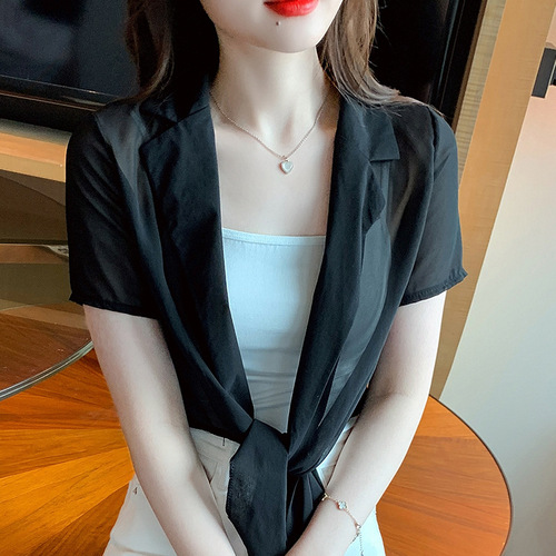 Summer new solid color outer chiffon shawl short cardigan Korean style versatile sun protection clothing air-conditioning shirt jacket for women