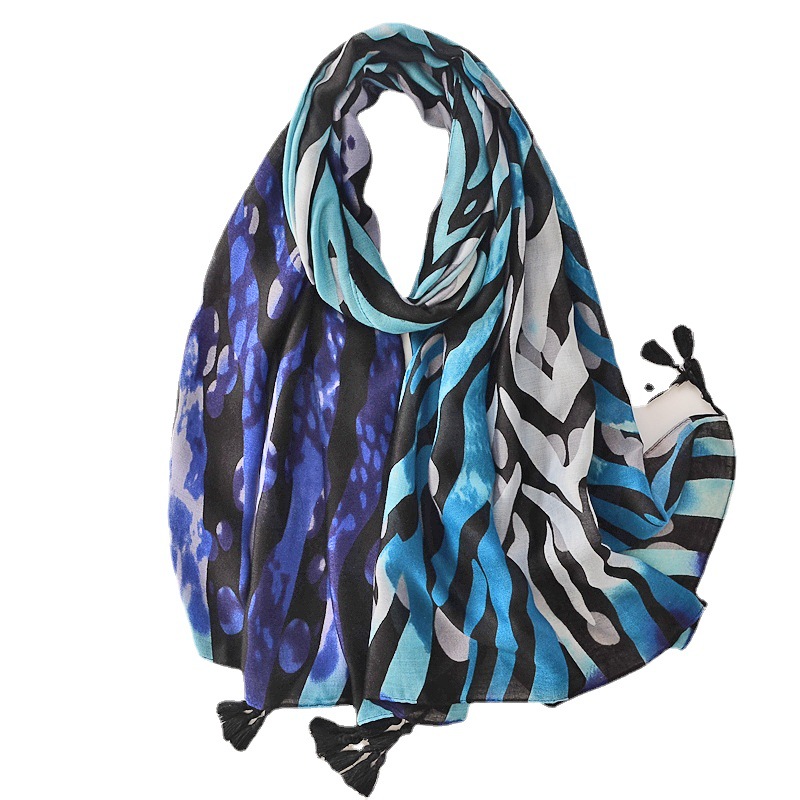 Personalidad de la moda estilo europeo y americano algodón y lino sensación bufanda azul cian pintura línea viajes protector solar playa toalla chal para las mujeres