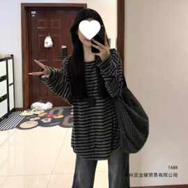 韩系撞色条纹长袖t恤女早秋季2026新款松弛感慵懒风韩版宽松上衣