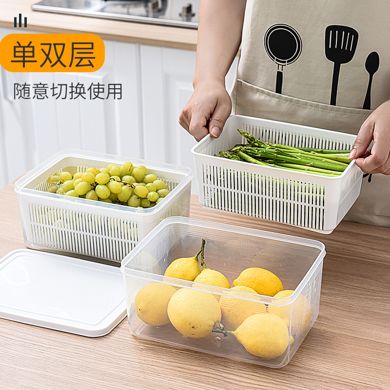 Caja de almacenamiento de frutas y verduras caseras de grado alimenticio para refrigerador de frutas y verduras de drenaje de doble capa cubierta de sellado de plástico