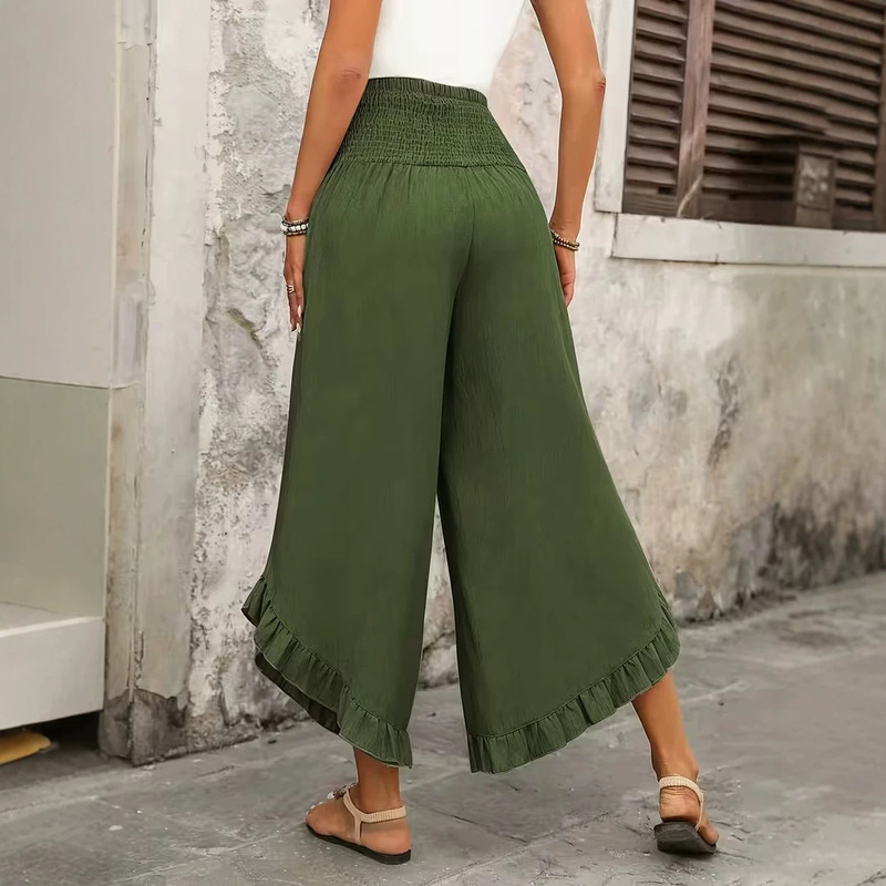 European and American style high-waisted elastic waist wide-leg cropped pants for women, made of Tencel, with irregular ruffles, loose and drapey casual pants European and American style high-waisted elastic waist wide-leg cropped pants for women, made of Tencel, with irregular ruffles, loose and drapey casual pants