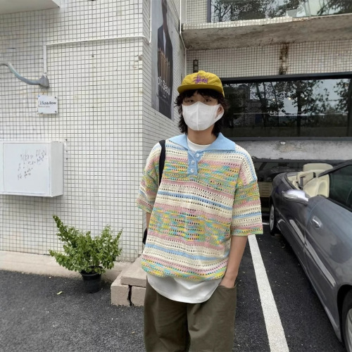 Relaxed Short Sleeve Polo Shirt for Men and Women, Striped Gradient Lattice Collar Knit Button T-Shirt