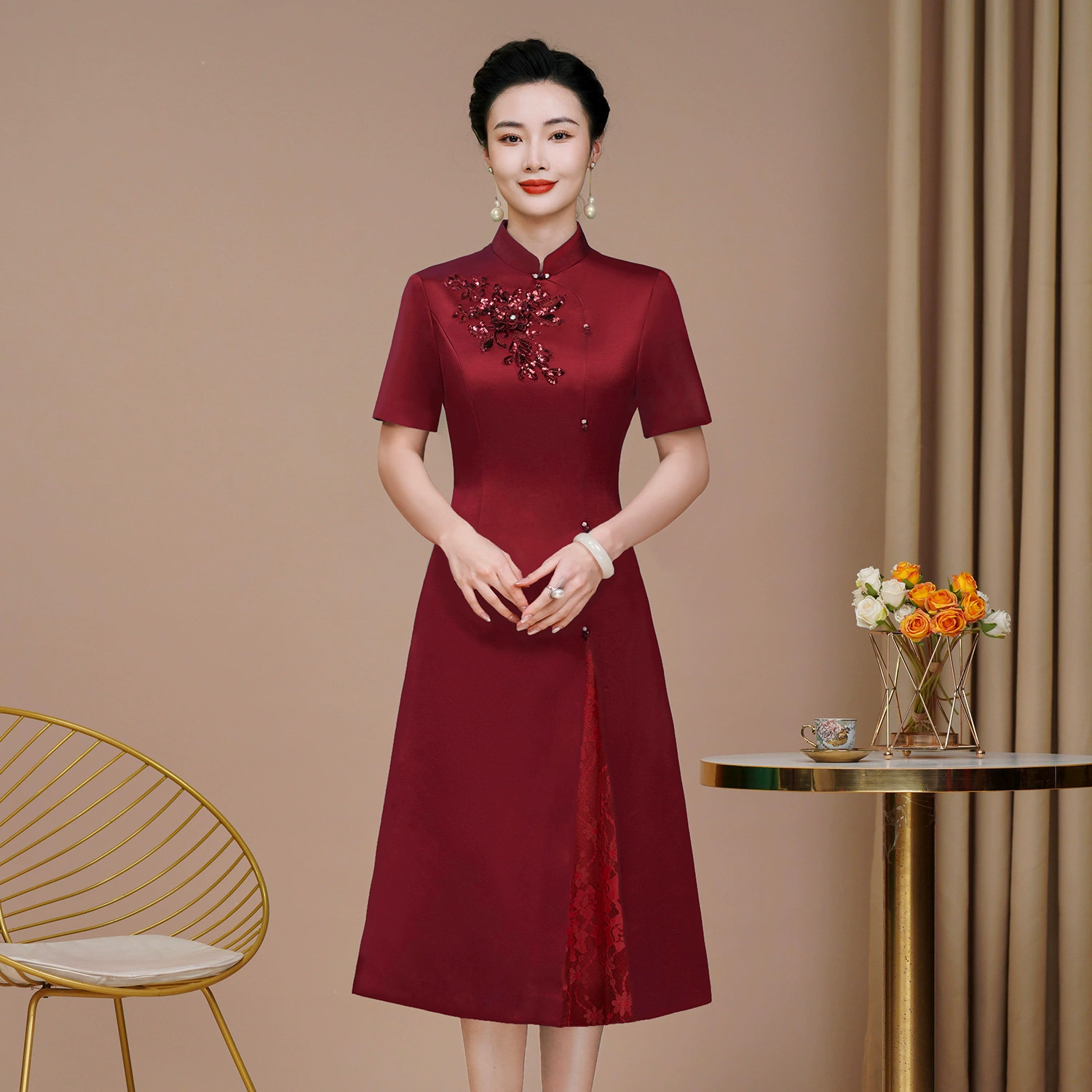 Летняя новая мода высокого класса свекровь cheongsam мама свадебный банкет китайское платье cheongsam темпераментное платье