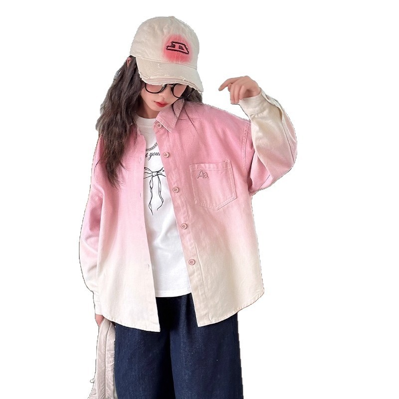 女童衬衫春秋款2025新款女孩中大童秋款渐变色长袖儿童衬衣外套潮|undefined