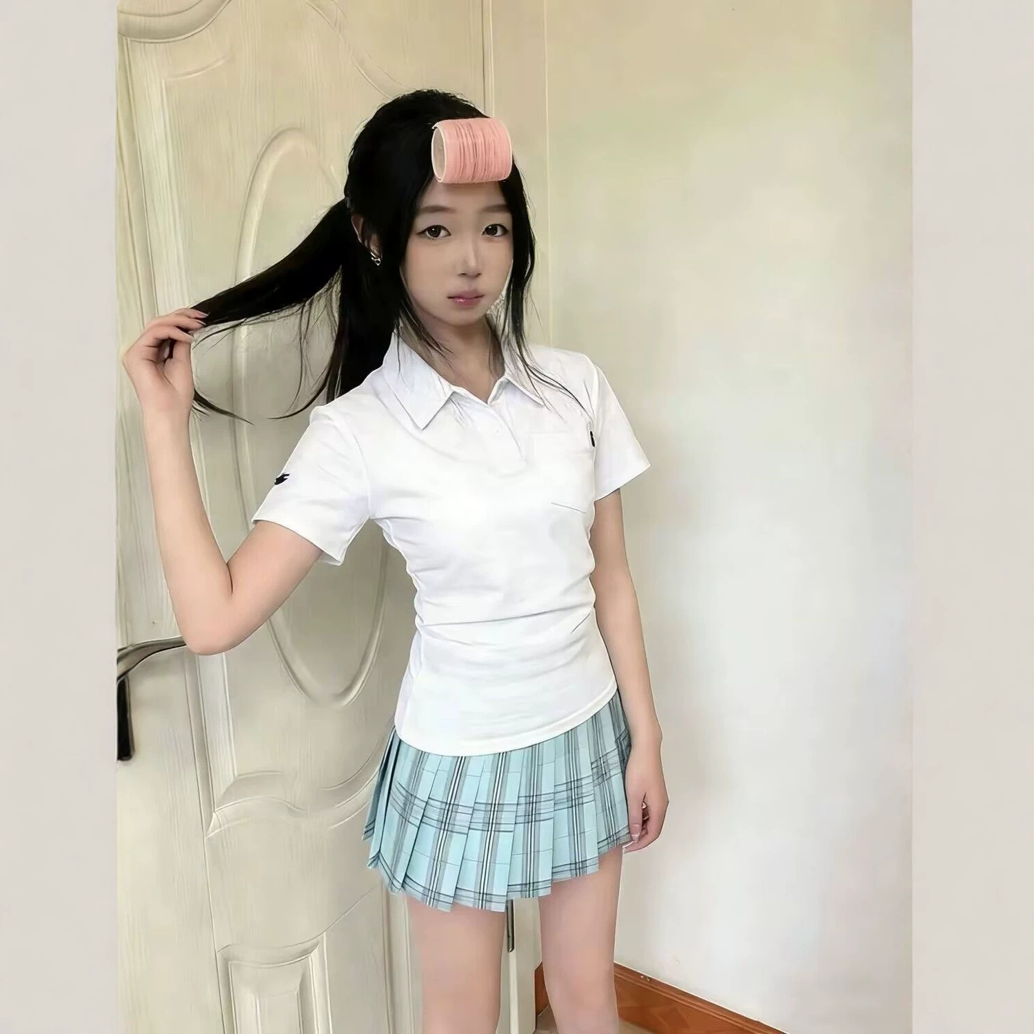 璃海/原创日系JK制服套装白色收腰刺绣T恤百搭polo衫叠穿格裙整套