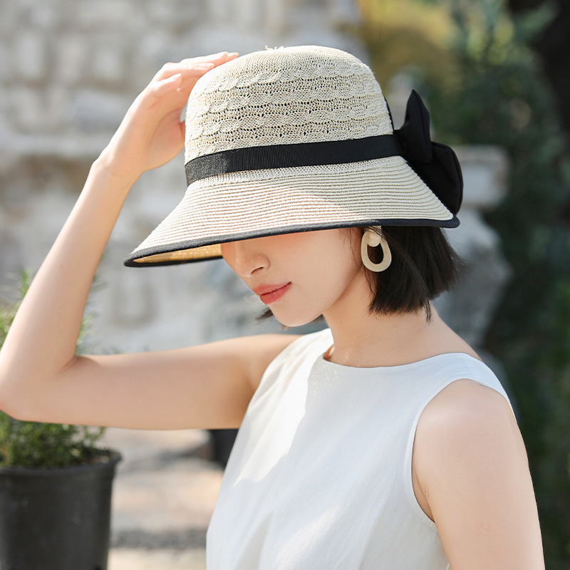 Eleganter Strohhut Mit Schleife Im Hepburn Stil Für Damen_voghion.com