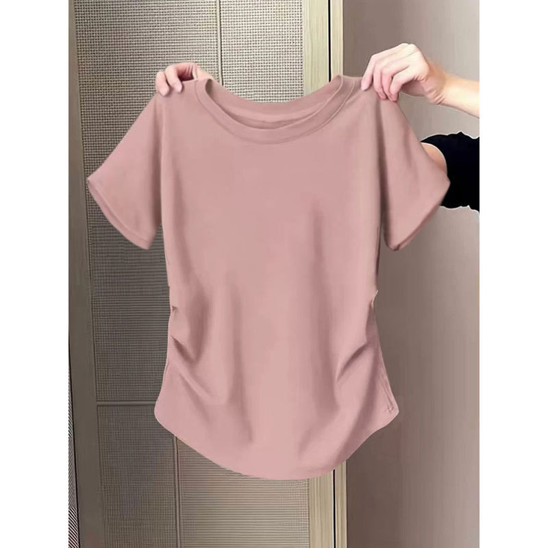 ソリッドカラープリーツ半袖Tシャツレディース新作夏スリムウエストシックなデザインラウンドネックTシャツトップ|undefined