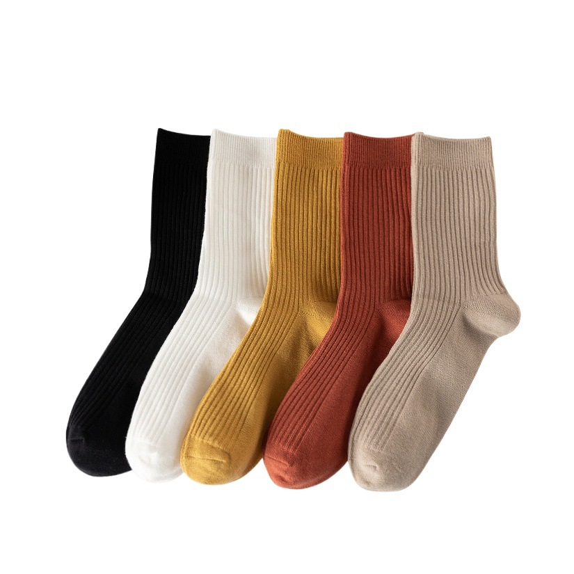 Otoño e invierno calcetines de aguja doble a rayas verticales algodón Mediados de la pantorrilla de color sólido de algodón peinado cordón cálido transpirable calcetines de algodón absorbentes de sudor