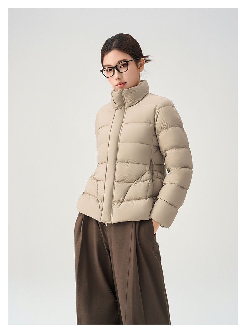 Down Jacket For Women With Stand Collar And Waist Cinch White_voghion.com