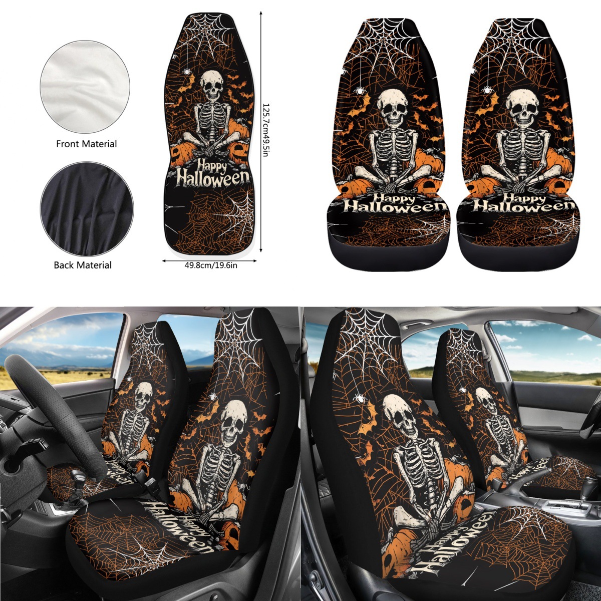 Cross-border Halloween-themed printed seat covers, featuring ghost and pumpkin designs, available for custom orders. Includes a set of two car seat protectors