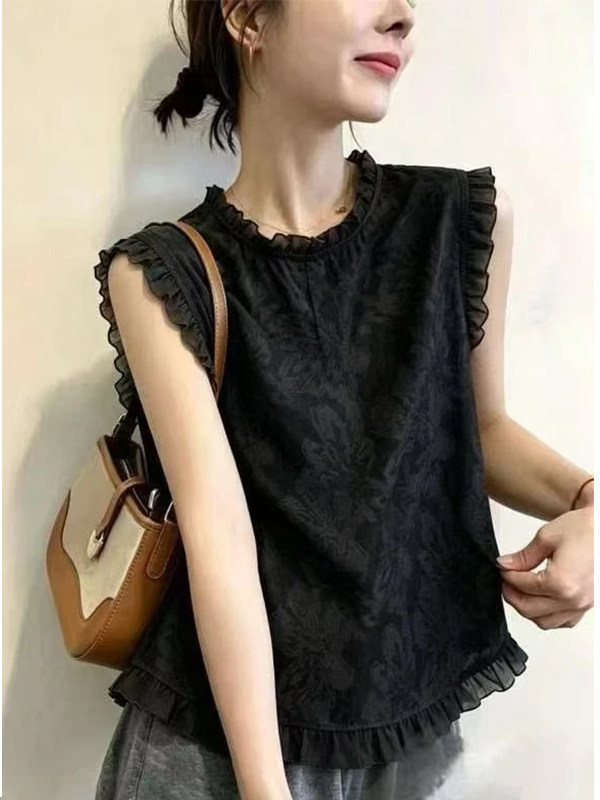 Áo sơ mi không tay viền mộc nhĩ Hàn Quốc phong cách trẻ trung — màu đen