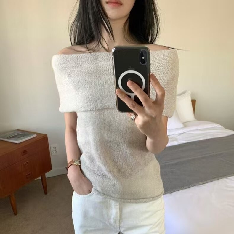 Korean Chic Spring and Summer Gentle and Elegant Slim-Fit Versatile Off-Shoulder Short-Sleeve Knit Pullover Thin Sweater Korean Chic Spring and Summer Gentle and Elegant Slim-Fit Versatile Off-Shoulder Short-Sleeve Knit Pullover Thin Sweater