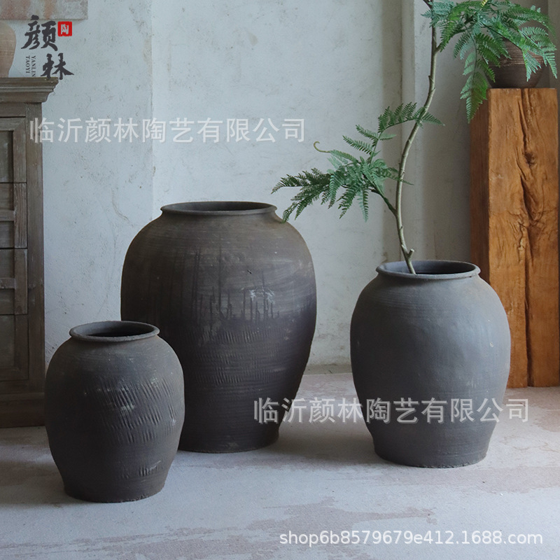 Retro gris negro de cerámica gran decoración paisajística de viento tranquilo de cerámica de cerámica gruesa de cerámica de suelo de cerámica redonda gran jarrón de flores