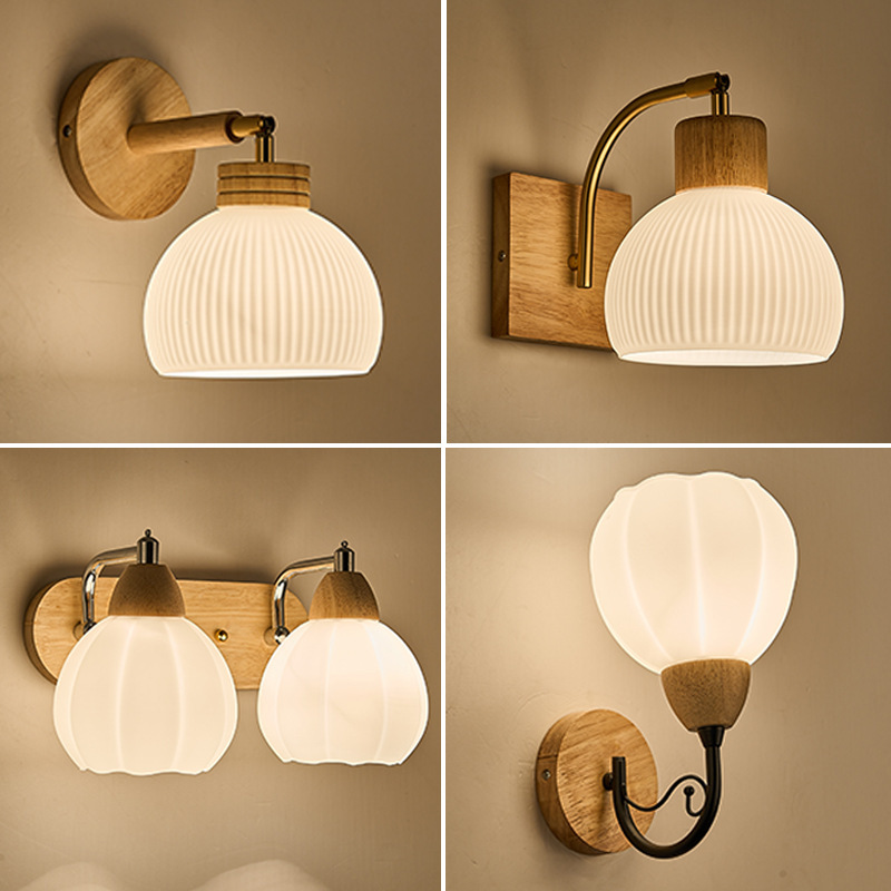 lámpara de pared madera nórdica simple madera sólida dormitorio lámpara de cabezal de cama interruptor de cable de tracción pasillo sala de estar lámpara de escalera