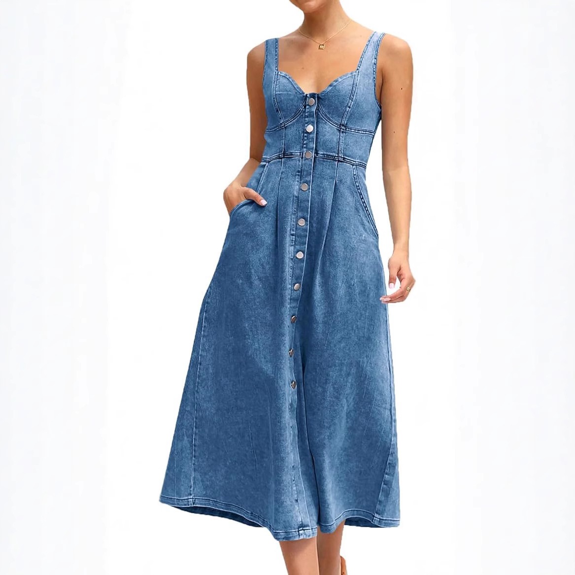 European and American Cross-Border Amazon 2026 Summer Women's Blue Denim Vintage-Style Suspender Single-Breasted Mid-Length Dress