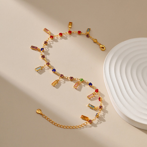 eBay Cross-Border New Retro Gold-Plated Ankle Chain with Colorful Acrylic 18K Gold Long Bar with Diamond Pendant Ankle Chain